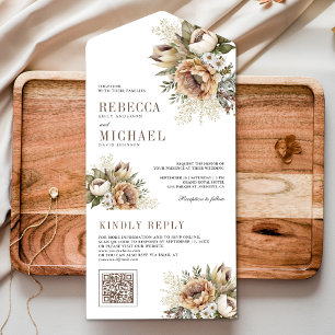 Invitación Todo En Uno Código QR de Boda Boho Neutral Terroso Floral Taup