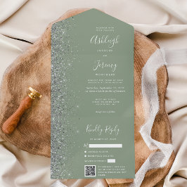 Invitación Todo En Uno Código QR de Boda con Brillo Plateado Verde Salvia