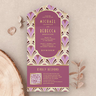 Invitación Todo En Uno Código QR de boda con patrón art déco en rosa retr