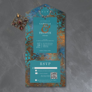 Invitación Todo En Uno Código QR de Boda Damask Oro Verde Antiguo Gótico