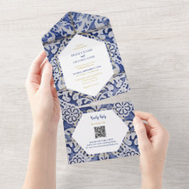 Invitación Todo En Uno Código QR de Boda de mosaicos rusos portugueses