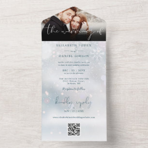 Invitación Todo En Uno Código QR de boda de nieve de país de las maravill