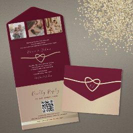 Invitación Todo En Uno Código QR de Boda Dorado y Burdeos