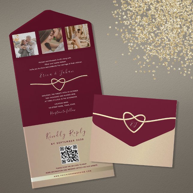 Invitación Todo En Uno Código QR de Boda Dorado y Burdeos (Subido por el creador)