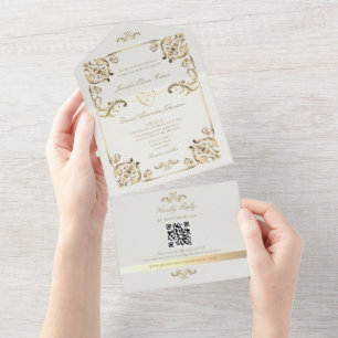 Invitación Todo En Uno Código QR de Boda en Oro Barroco