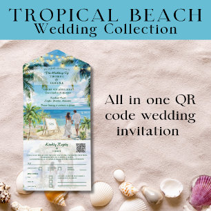Invitación Todo En Uno Código QR de Boda en Playa Tropical Aqua