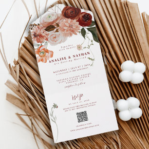 Invitación Todo En Uno Código QR de boda floral boho de Borgoña