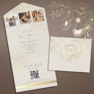 Invitación Todo En Uno Código QR de Boda Floral Dorado y Marfil
