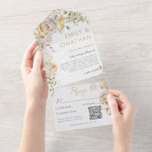 Invitación Todo En Uno Código QR de Boda floral elegante de Meadow
