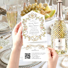 Invitación Todo En Uno código QR de boda floral gracia ornada victoriana