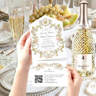 Invitación Todo En Uno código QR de boda floral gracia ornada victoriana