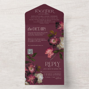 Invitación Todo En Uno Código QR de Boda Floral Oscura Chic Burgundy de M