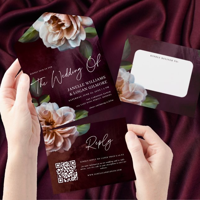 Invitación Todo En Uno Código QR de Boda floral oscuro + amoroso (Subido por el creador)