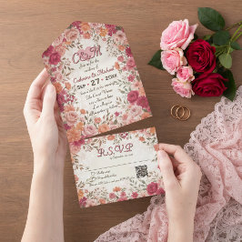 Invitación Todo En Uno Código QR de Boda Floral Rosa y Rojo Romántico de
