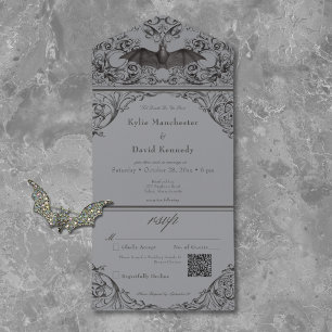 Invitación Todo En Uno Código QR de boda gris negro de murciélago victori