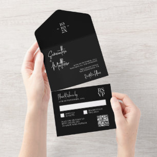 Invitación Todo En Uno Código QR de Boda Minimalista ruso moderno negro
