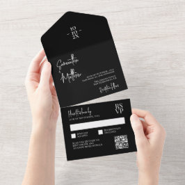 Invitación Todo En Uno Código QR de boda minimalista rústica moderna negr