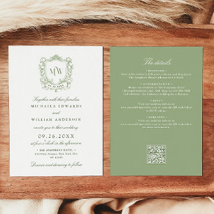 Invitación Todo en Uno Código QR de Boda Monograma Crest Vint