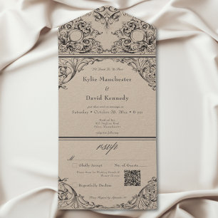 Invitación Todo En Uno Código QR de boda negro y marrón estilo victoriano