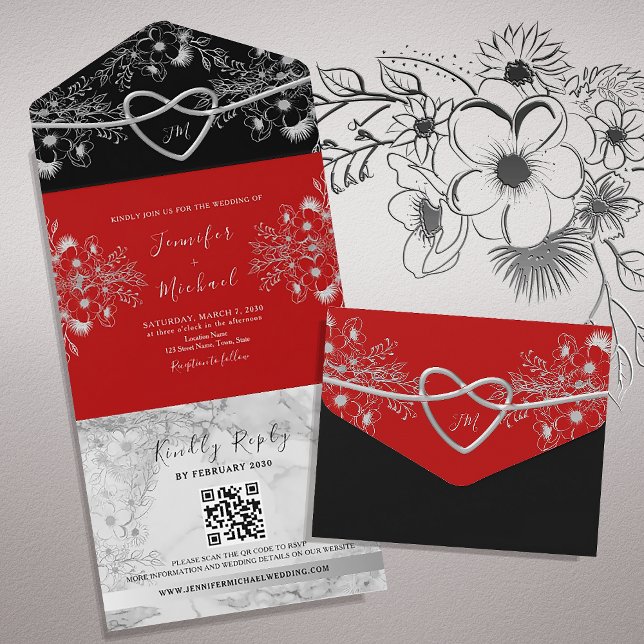 Invitación Todo En Uno Código QR de Boda Negro y Rojo Gótico (Subido por el creador)