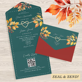 Invitación Todo En Uno Código QR de Boda Otoño Verde Azul