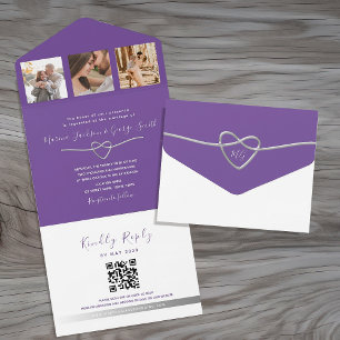 Invitación Todo En Uno Código QR de Boda púrpura moderno