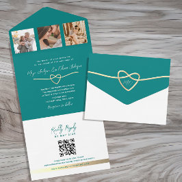 Invitación Todo En Uno Código QR de Boda Verde azulado moderno