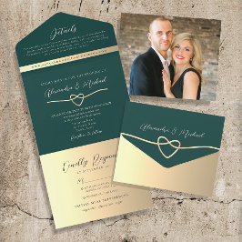 Invitación Todo En Uno Código QR de Boda Verde Esmeralda y Dorado