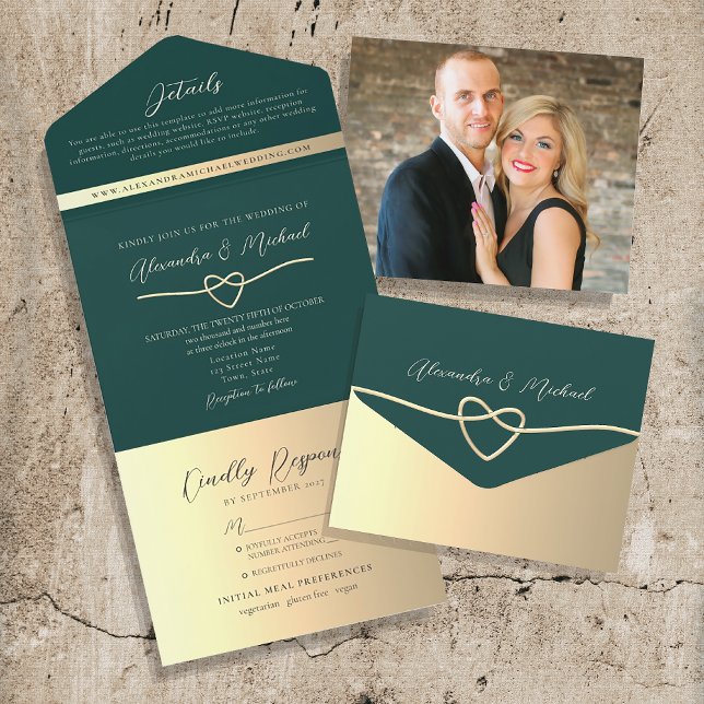 Invitación Todo En Uno Código QR de Boda Verde Esmeralda y Dorado (Subido por el creador)