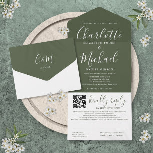 Invitación Todo En Uno Código QR de Bodas con Letra de Firma en Verde Oli