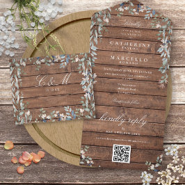 Invitación Todo En Uno Código QR de Bodas de Madera Rústica de Granero Fl