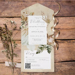 Invitación Todo En Uno Código QR de Boho Tan Floral Grass<br><div class="desc">DISPONIBLE CON O SIN CÓDIGO QR O CON O SIN OPCIONES DE SELECCIÓN DE CENAS. Moderno y único, este diseño presenta un ramo de hierbas secas, flores y plantas de estilo boho en un suave fondo color tostado que ha estado angustiado con el oro del champán. Agregue un código QR...</div>