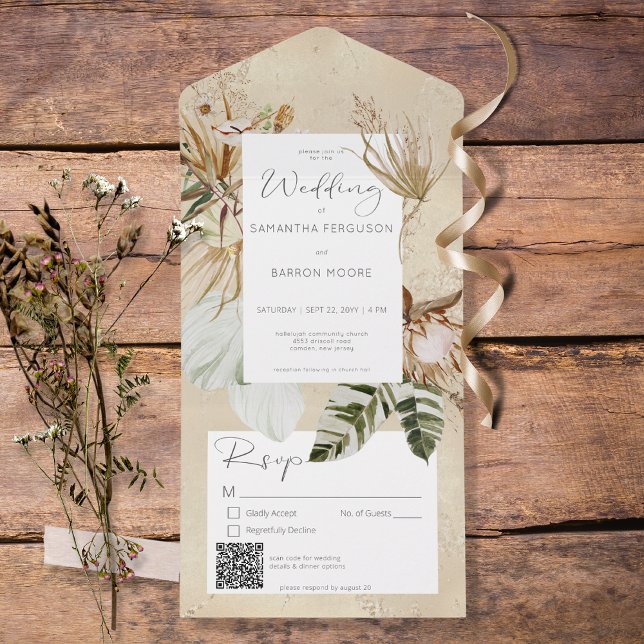 Invitación Todo En Uno Código QR de Boho Tan Floral Grass (Subido por el creador)
