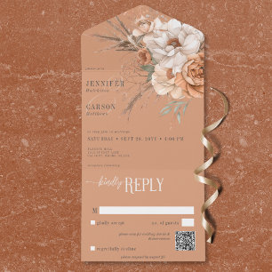 Invitación Todo En Uno Código QR de Boho Terracotta Peach y Cream Floral
