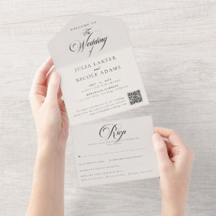 Invitación Todo En Uno Código QR de Caligrafía Clásica Negro Marfil para