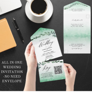 Invitación Todo En Uno Codigo QR de color de agua verde todo en una sola