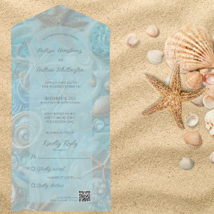 Invitación Todo En Uno Código QR de conchas marinas y peces estrella