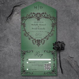 Invitación Todo En Uno Código QR de Corazón Gótico Negro y Verde Filigree