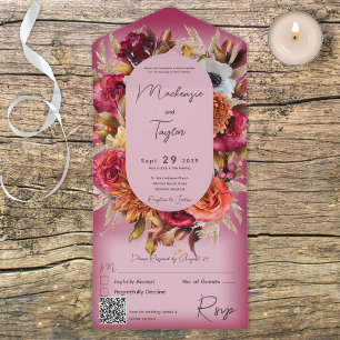 Invitación Todo En Uno Código QR de Corona Floral Moderna Boho Fuchsia Ro