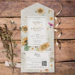 Invitación Todo En Uno Código QR de crema de girasol de verano vintage<br><div class="desc">DISPONIBLE CON O SIN CÓDIGO QR O CON O SIN OPCIONES DE SELECCIÓN DE CENAS. Este diseño presenta un bonito marco de girasoles acuáticos suaves y otras flores estivales sobre un fondo blanco opaco. Es romántico con un toque de cosecha. Creado por Simply Farmhouse Press, es parte de la Vieja...</div>