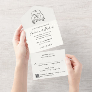 Invitación Todo En Uno Código QR de Doodle de Coche Dibujado a Mano Boda 