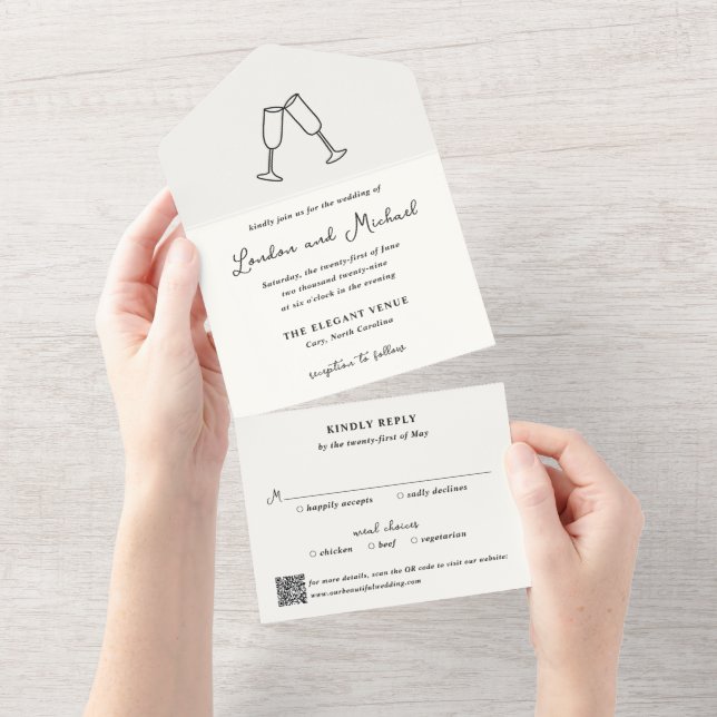 Invitación Todo En Uno Código QR de flautas dibujadas a mano para boda mo (desgarro)
