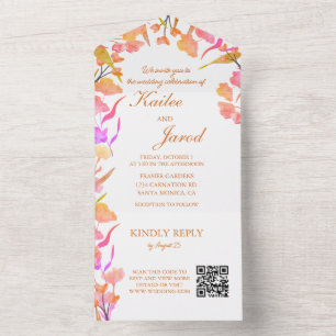 Invitación Todo En Uno Código QR de Flor Silvestre Rosa y Naranja Brillan