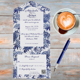 Invitación Todo En Uno Código QR de Floral Azul Vintage simple