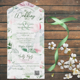 Invitación Todo En Uno Código QR de floral de color rosa y verde pastel