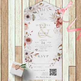 Invitación Todo En Uno Código QR de floral romana blanca y rosa