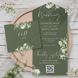 Invitación Todo En Uno Código QR de floral verde oliva Monograma Boda