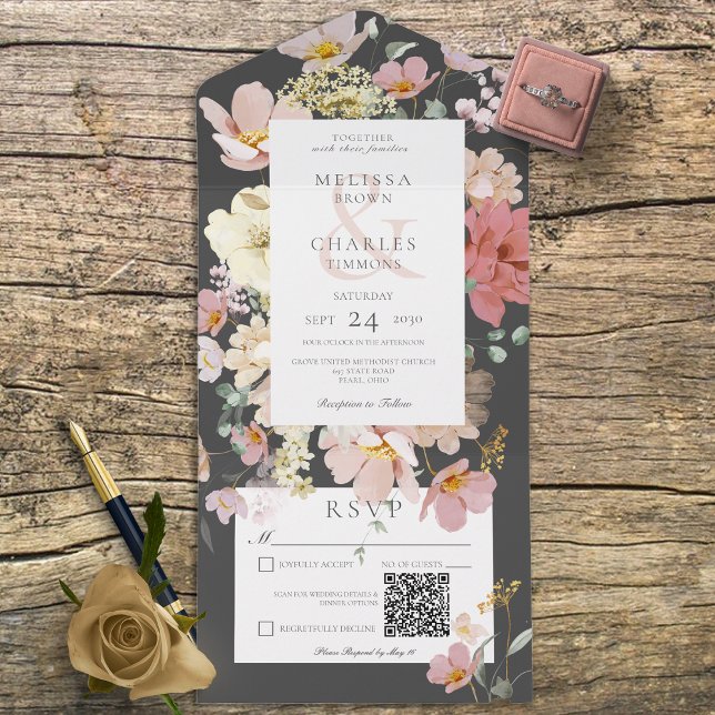 Invitación Todo En Uno Código QR de flores de boho negro y rosa de Rubor (Subido por el creador)