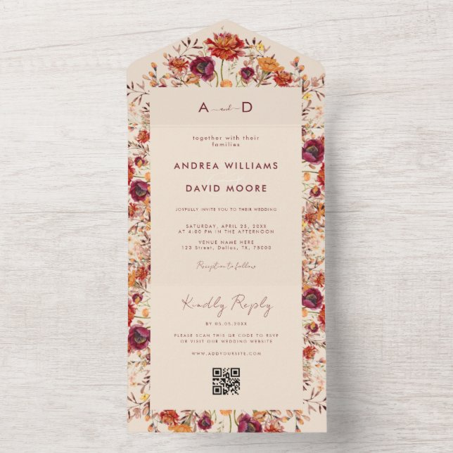 Invitación Todo En Uno Código QR de flores silvestres de otoño RSVP Boda  (Interior)