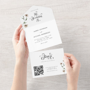Invitación Todo En Uno Código QR de flores silvestres y tipografía retro 